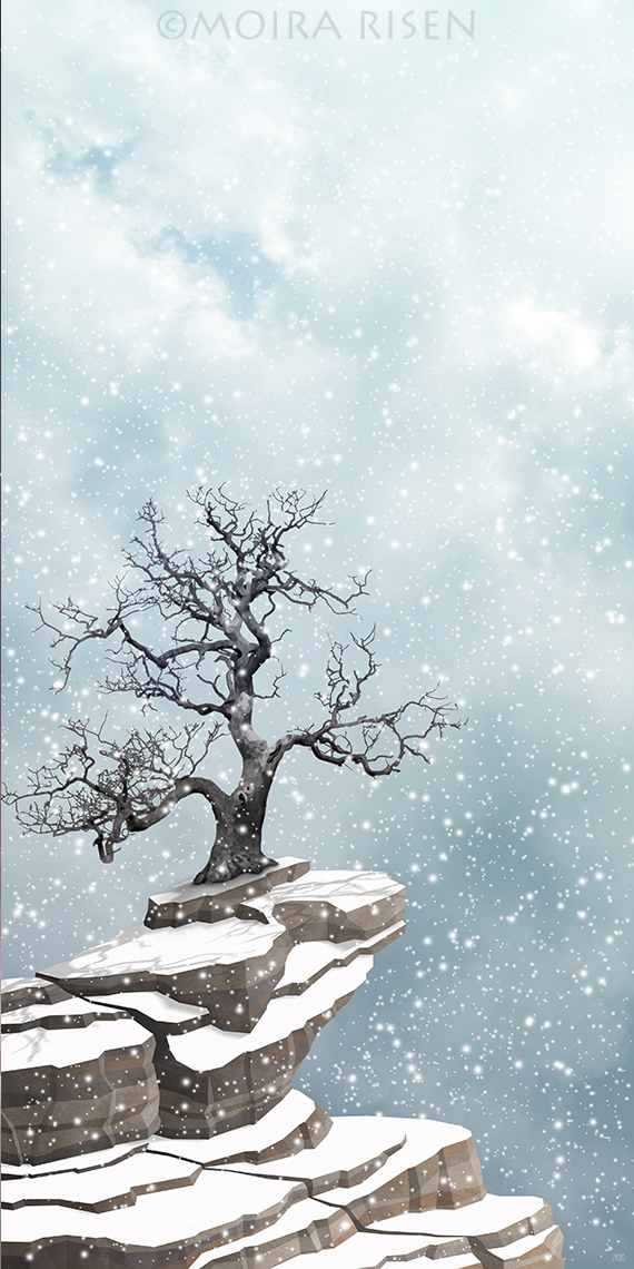 lonely bare leafless tree winter snowfall rocks cliff snow covered silent serene peaceful