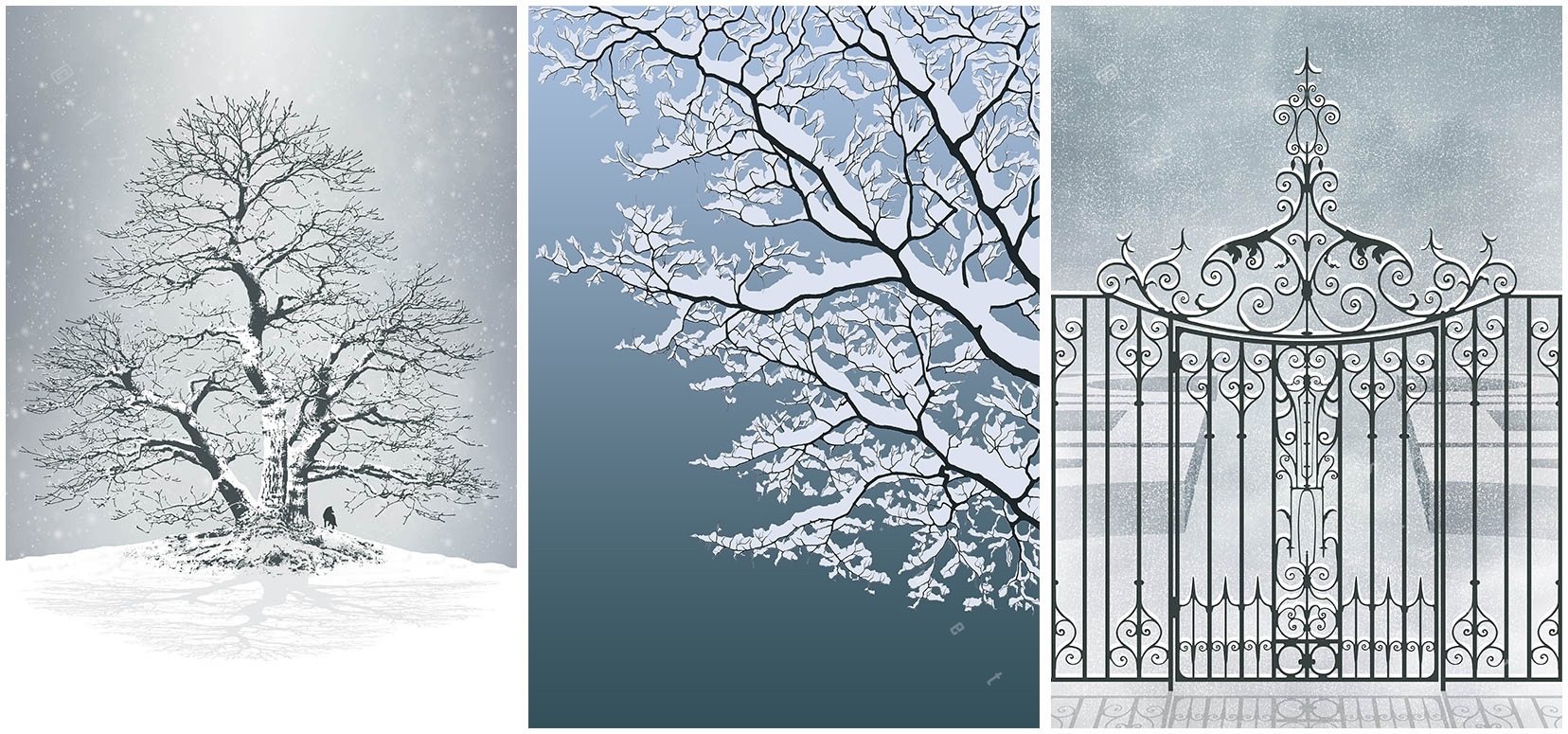 lonely tree standing in winter snow top of the hill with a wolf in silent snowfall snow covered snow laden branches blue sky wind still garden gate wrought iron hedges