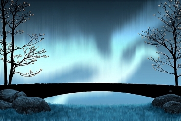 children's-tale-illustration-night-sky-enchanted-forest-old-stone-bridge
